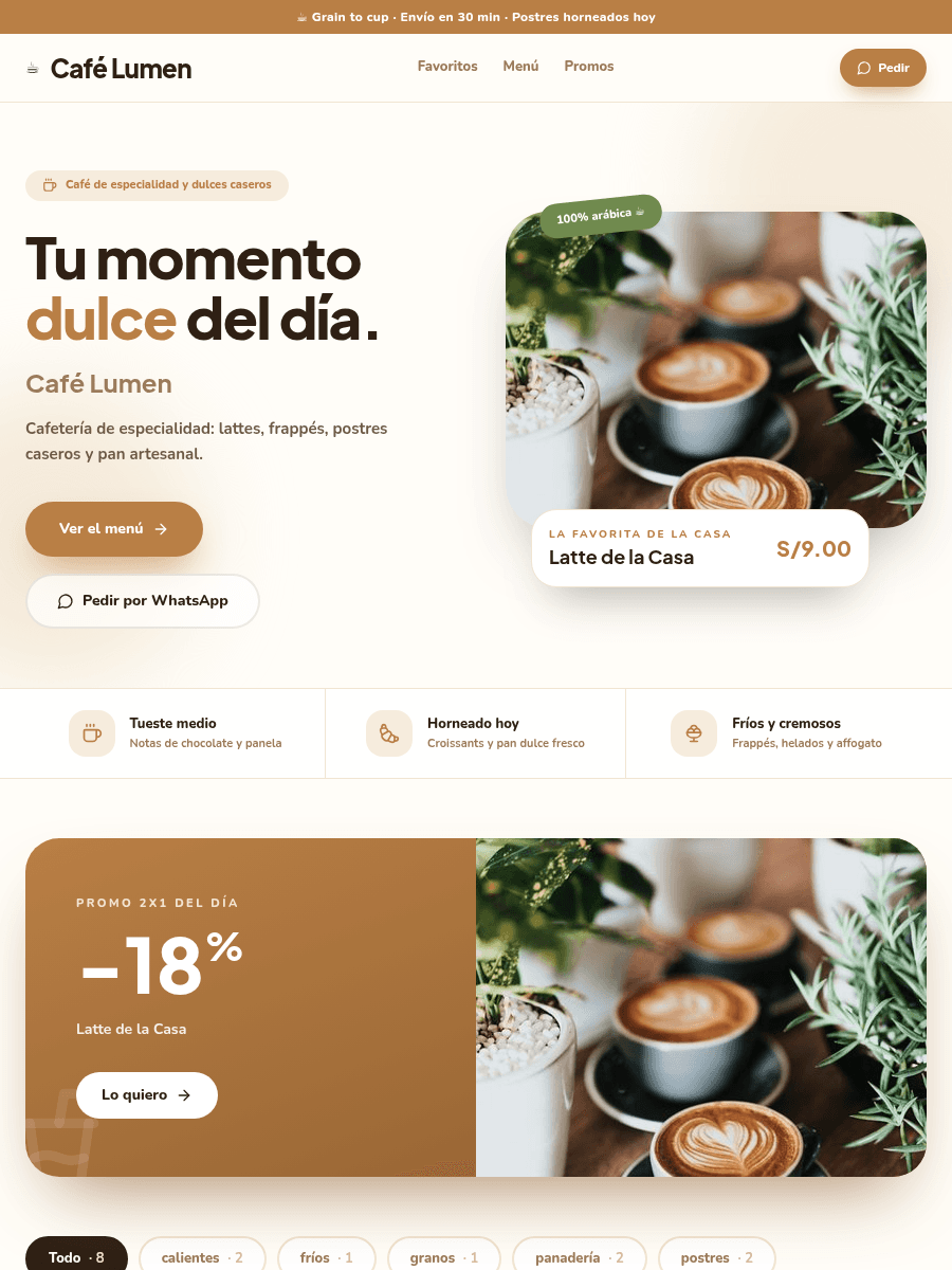 Tienda de ejemplo con la plantilla Barista de Kyllari