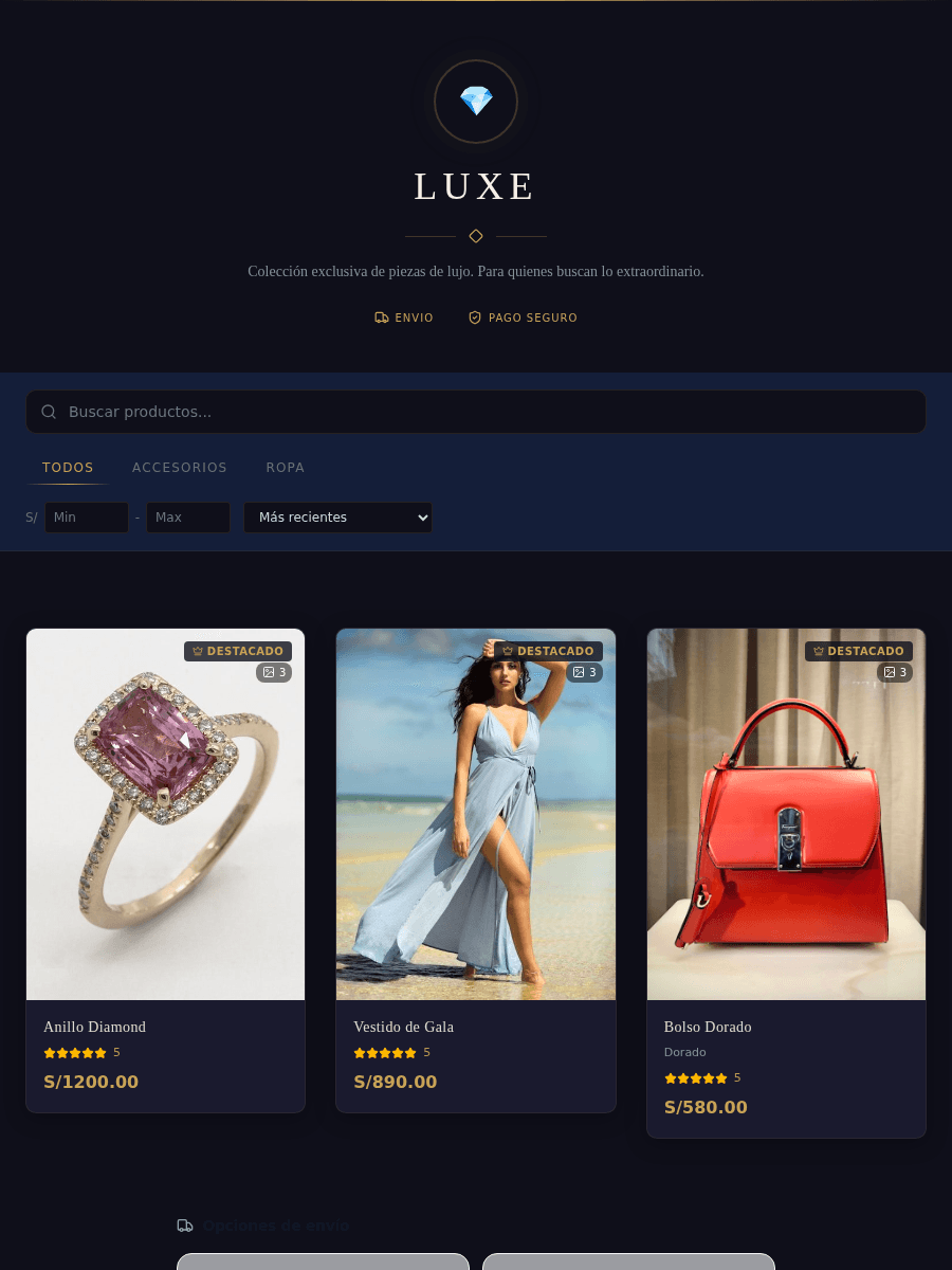Tienda de ejemplo con la plantilla Luxury de Kyllari