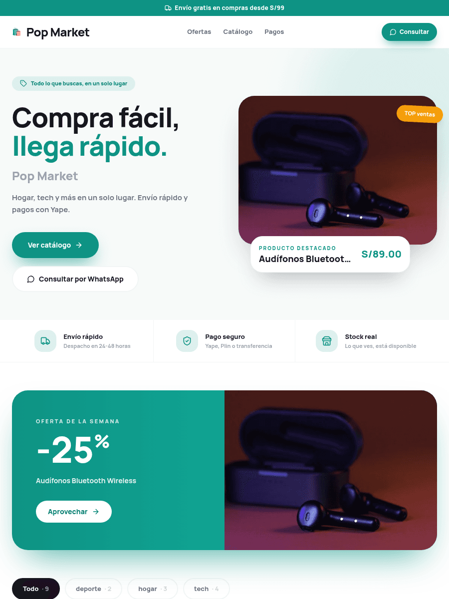 Tienda de ejemplo con la plantilla Pop de Kyllari